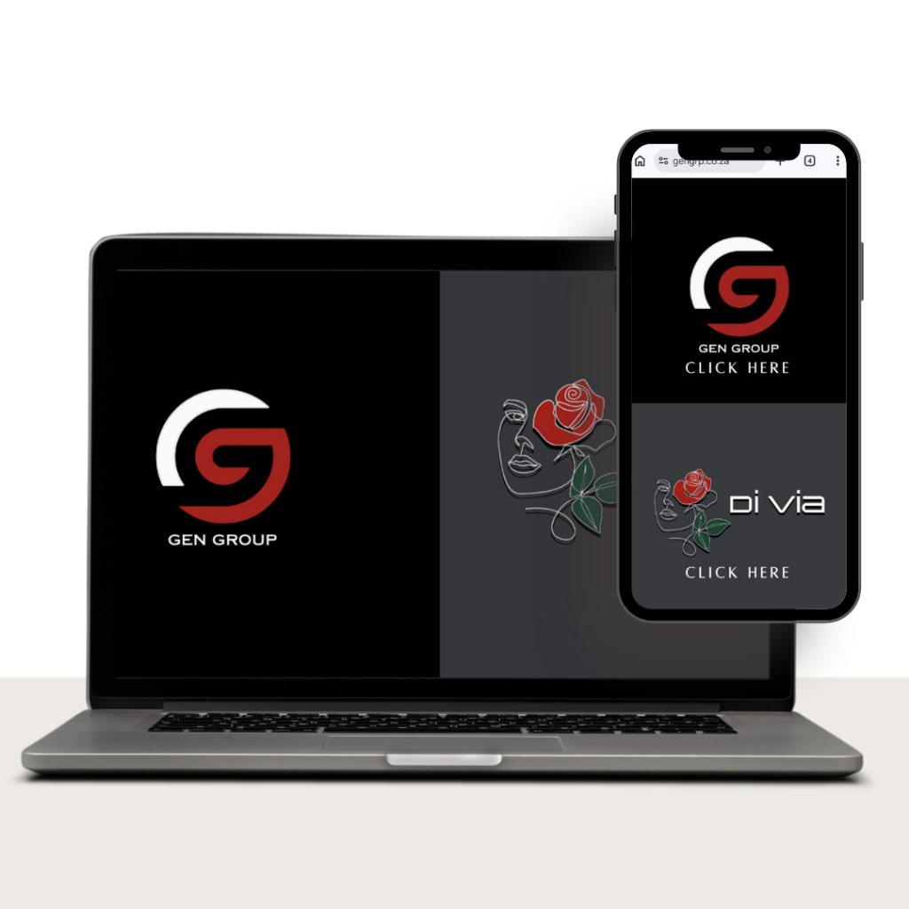 Gen Group branding displayed on a laptop screen and a smartphone, with 'Click Here' prompts.