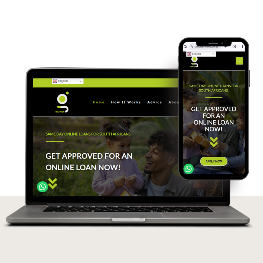 Responsive website hero displayed on a laptop and a smartphone, advertising same-day online loans for South Africans with a bold 'GET APPROVED FOR AN ONLINE LOAN NOW' message and a green 'APPLY NOW' CTA.