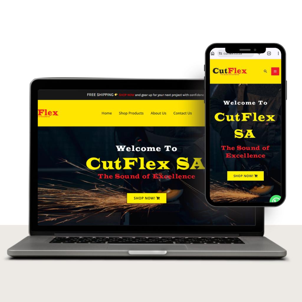 Responsive hero for CutFlex SA shown on laptop and phone, with yellow header, bold logo, and 'Shop Now' button against a black background and sparks.