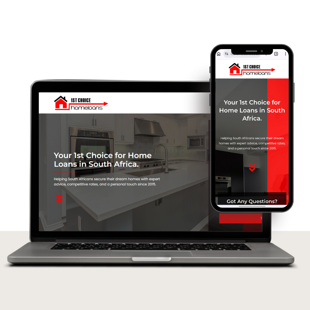 Responsive homepage hero for 1st Choice HomeLoans shown on laptop and smartphone with a kitchen background and bold title text