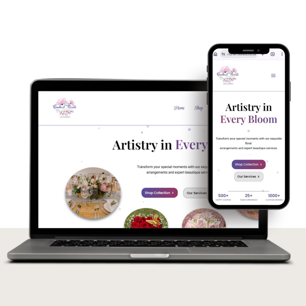 Responsive mockup: floral shop homepage shown on laptop and smartphone screens.