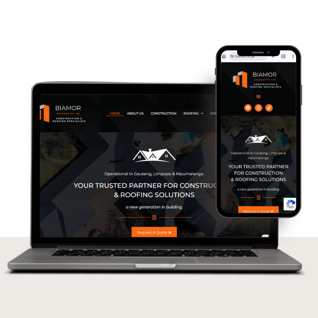 Responsive BIAMOR Construction & Roofing hero on laptop and phone, featuring logo, nav, and a 'Request A Quote' CTA.