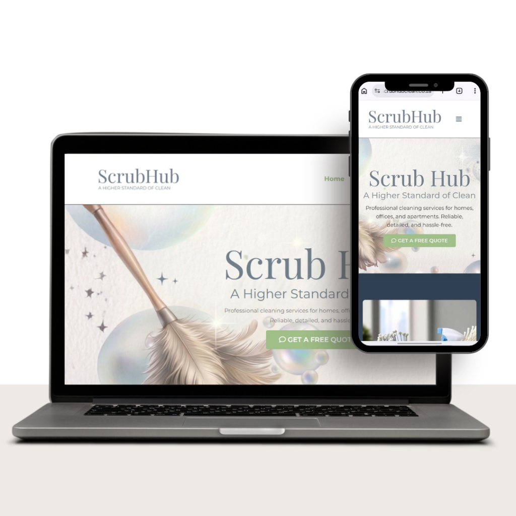 Responsive ScrubHub homepage mockup shown on laptop and smartphone screens, highlighting logo, hero image, and a 'Get a Free Quote' CTA.