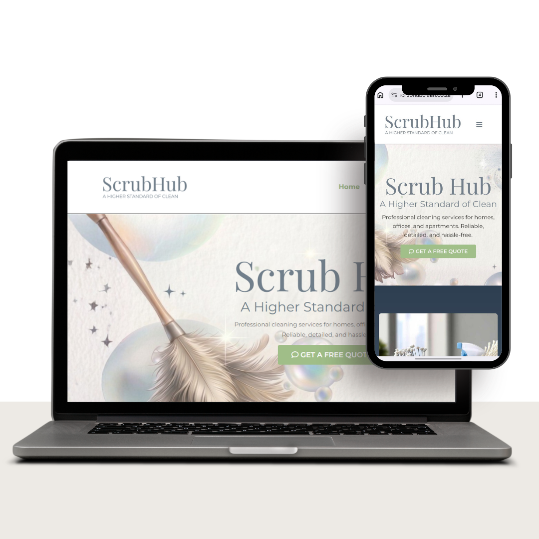 Responsive ScrubHub homepage mockup shown on laptop and smartphone screens highlighting logo hero image and a Get a Free Quote CTA
