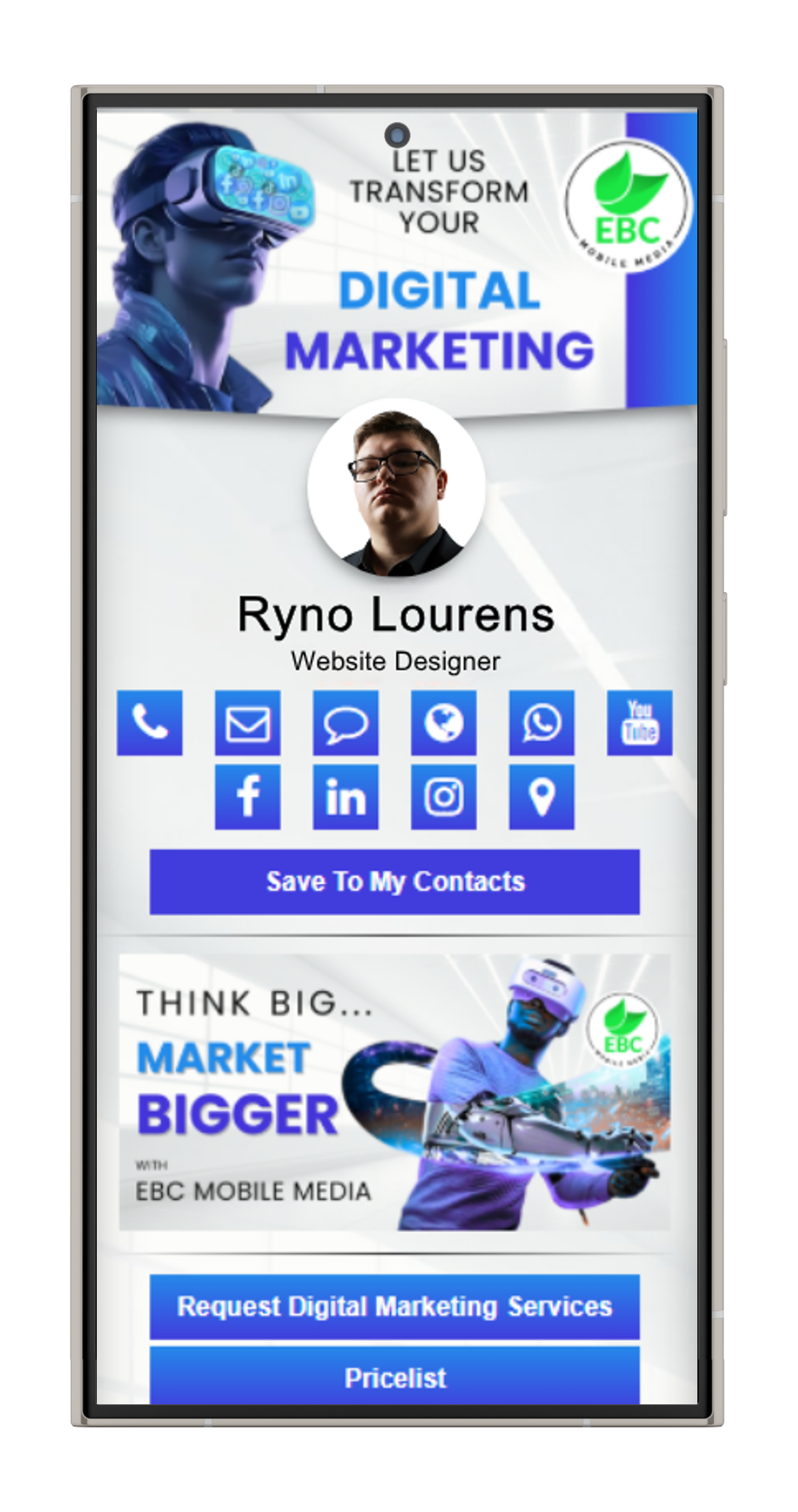 Promotional flyer on a phone screen for digital marketing by Ryno Lourens with social icons and a Save To My Contacts button