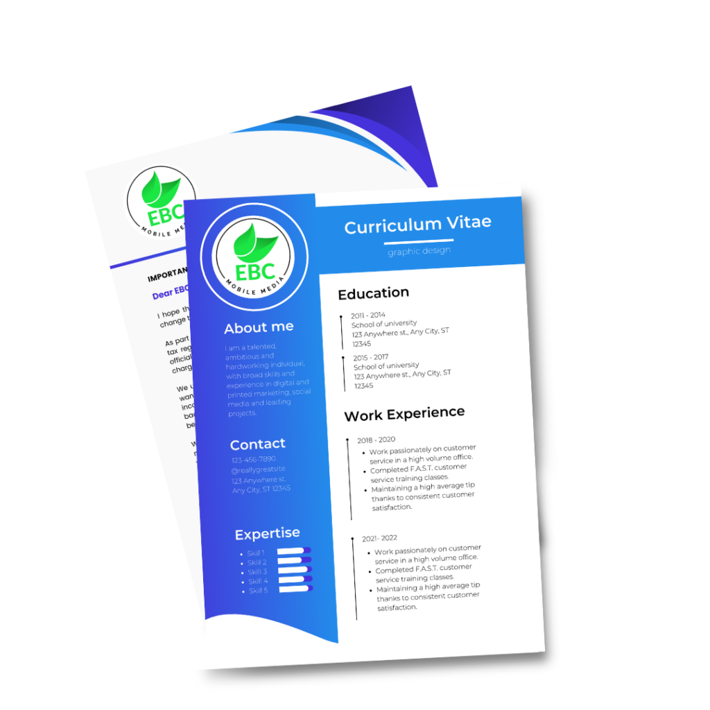 Bright blue gradient CV with logo on left, showing About me and Expertise sections alongside Education and Work Experience in the main area