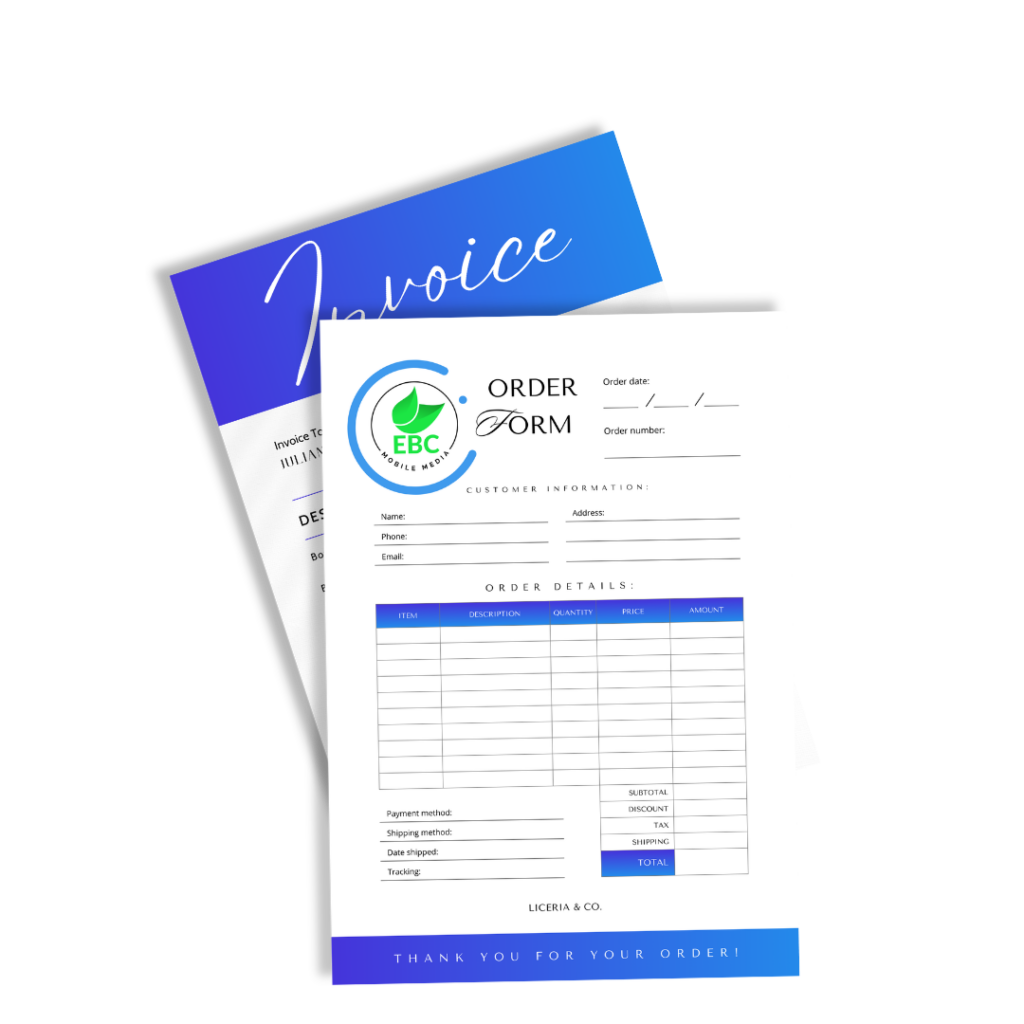 Invoice form with a blue gradient 'Invoice' banner behind a white order form featuring a circular logo and a grid for items and totals.