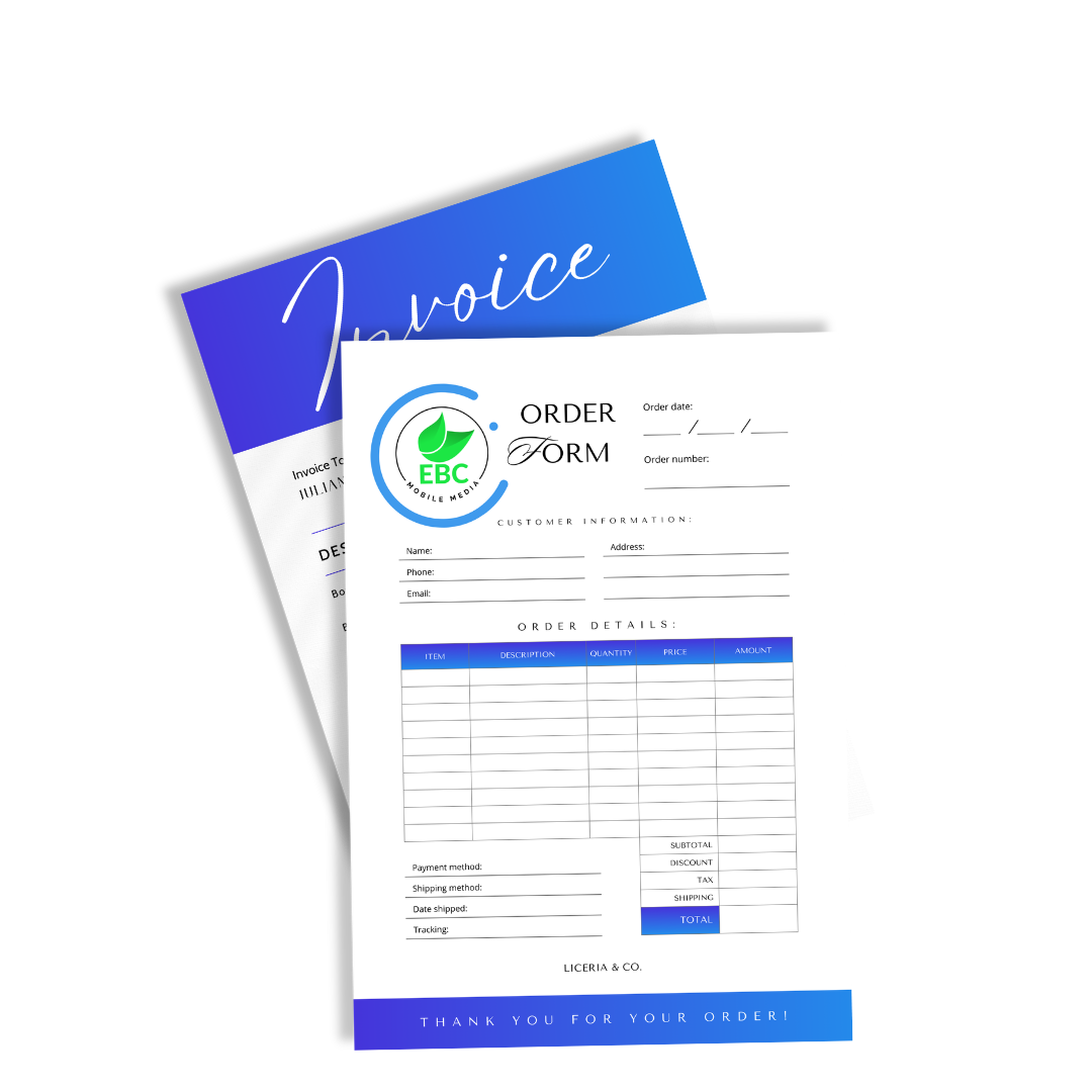 Invoice form with a blue gradient Invoice banner behind a white order form featuring a circular logo and a grid for items and totals