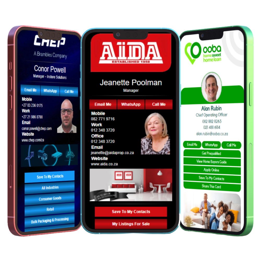 Three smartphones display digital business cards with logos and contact details (emails, phones, and buttons).
