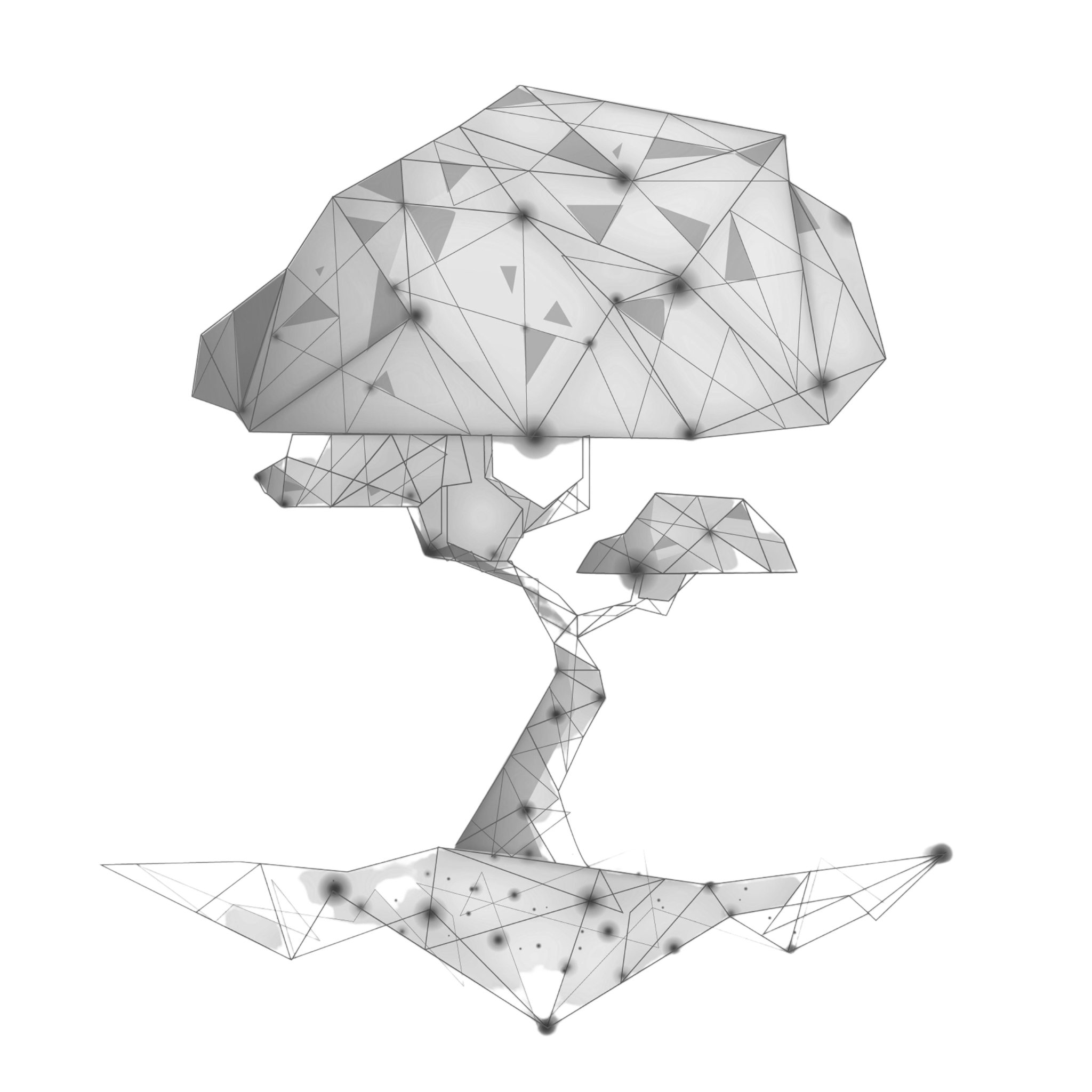 Abstract low poly sculpture made of gray triangles on a black background resembling a robotic creature