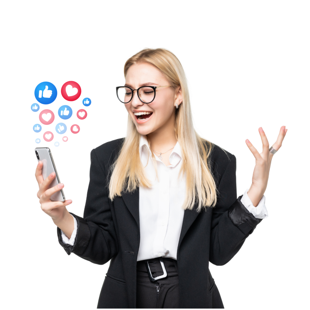 Smiling woman in a black blazer wearing glasses looking at her phone with blue thumbs up and red heart icons floating around