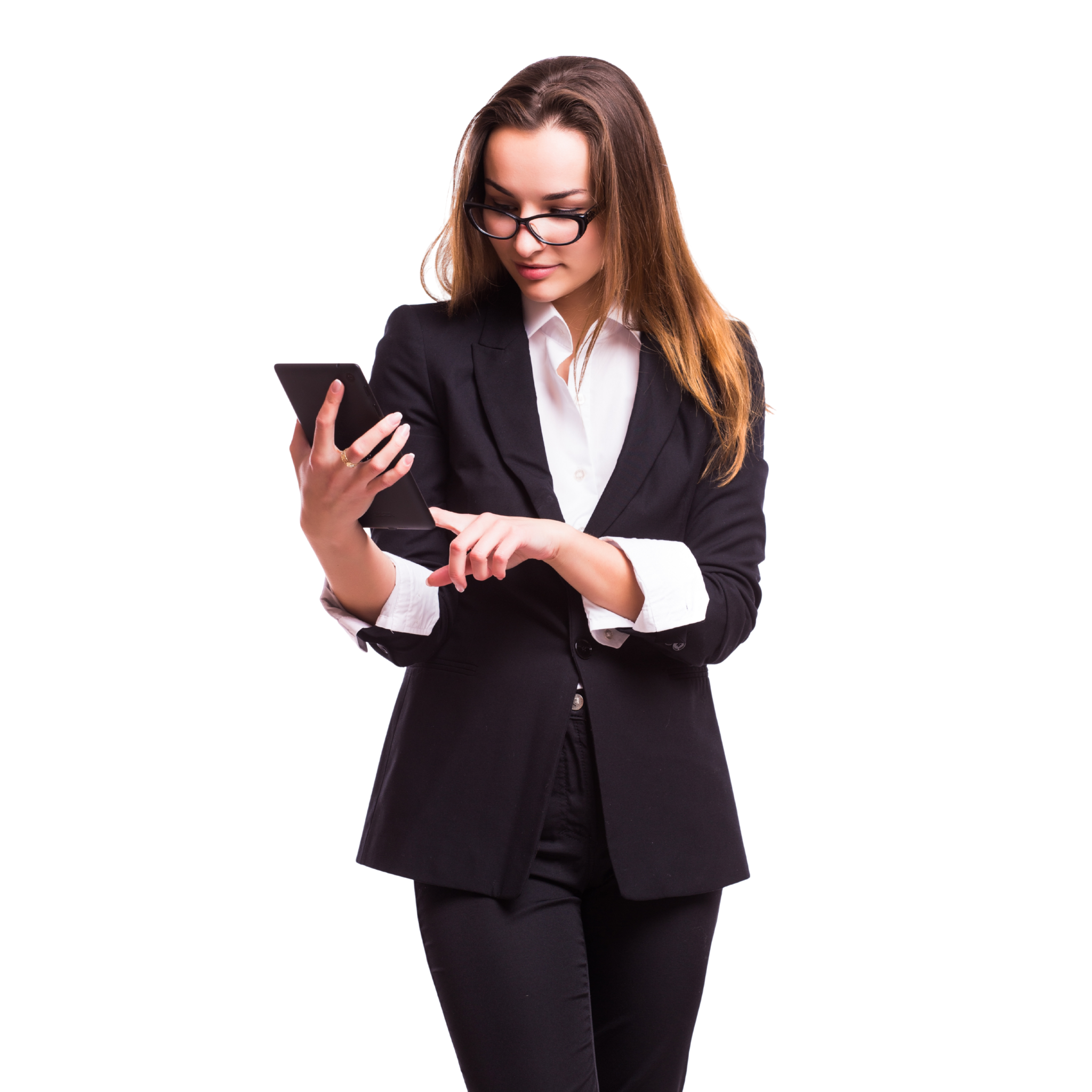Businesswoman in a blazer looking down at a smartphone in her left hand while standing against a black background