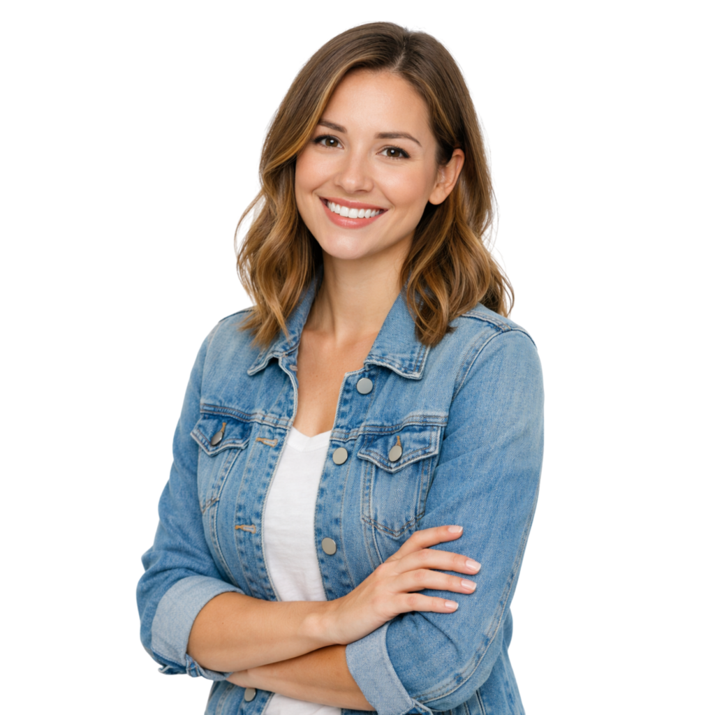 Smiling woman with light brown hair wearing a denim jacket, arms crossed.