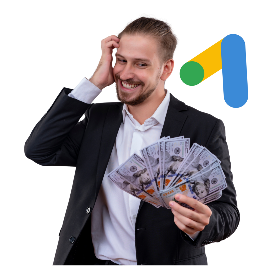 Smiling man in a suit holds a fan of US dollar bills toward the camera, suggesting wealth or a payday theme.